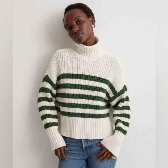 Madewell Sweater Womens M Cream Ribbed Green Striped Wide Turtleneck size XS - Picture 1 of 12